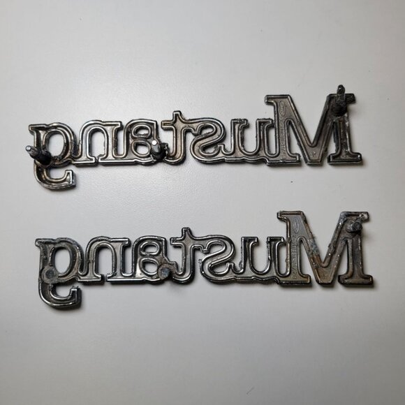 Mustang Emblem Word Chrome Pair Double D4ZB Vibtage 70s Replacement 5 Inch - Picture 2 of 8